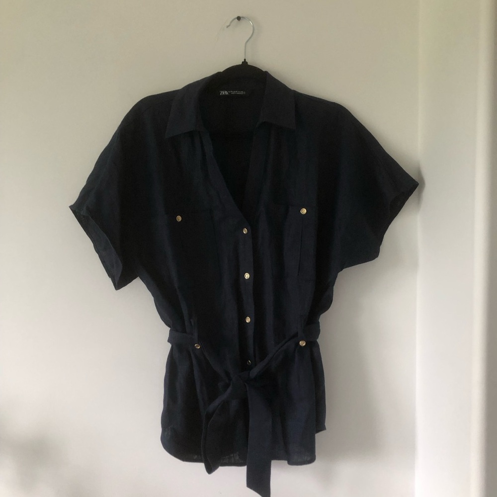 Zara Dark Navy Linen Blend Button-Front Tie-Waist Shirt | Size M